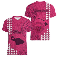 Personalised Maui Island Women V Neck T Shirt Kakau Tribal Mixed Polynesian Pattern Pink LT9 - Polynesian Pride