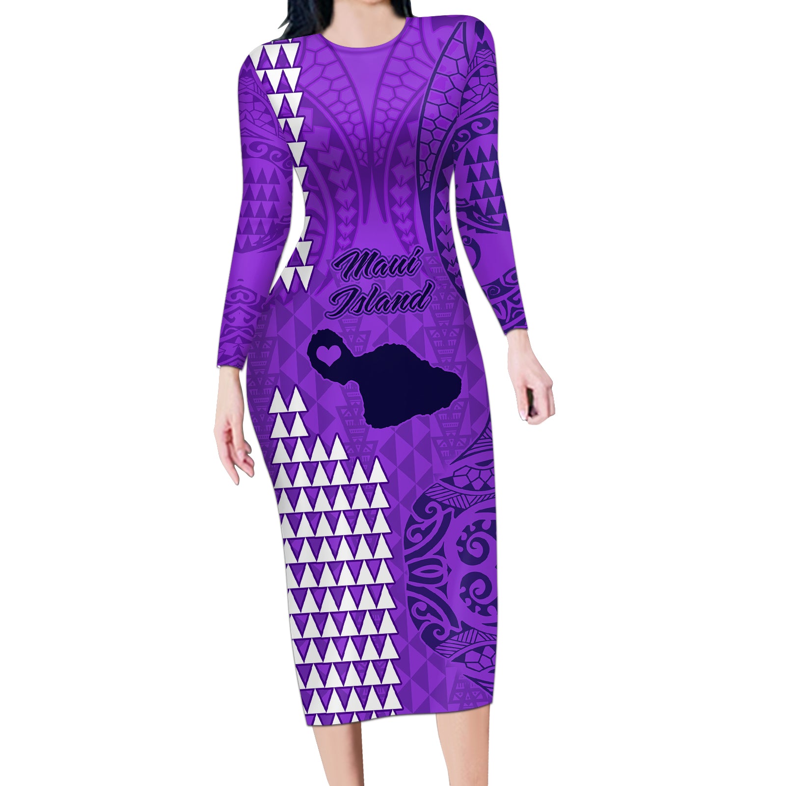 Maui Island Long Sleeve Bodycon Dress Kakau Tribal Mixed Polynesian Pattern Purple LT9 Long Dress Purple - Polynesian Pride