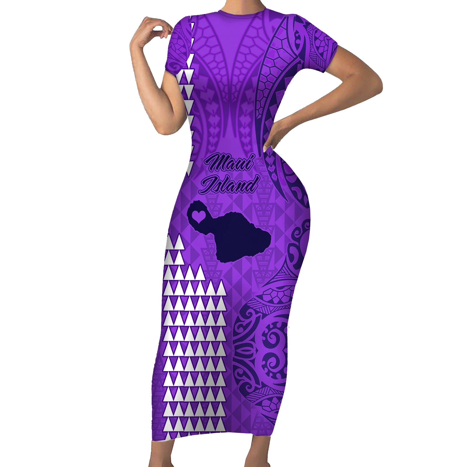 Maui Island Short Sleeve Bodycon Dress Kakau Tribal Mixed Polynesian Pattern Purple LT9 Long Dress Purple - Polynesian Pride