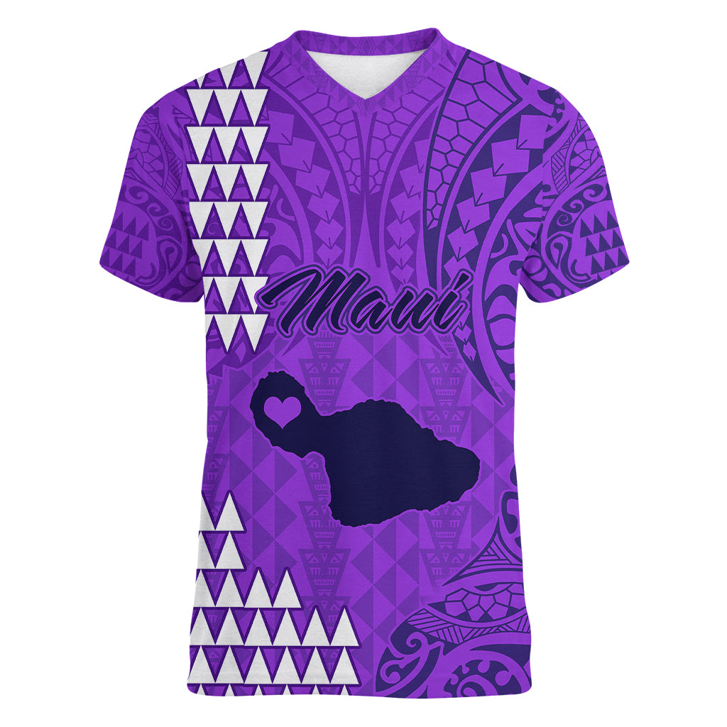 Maui Island Women V Neck T Shirt Kakau Tribal Mixed Polynesian Pattern Purple LT9 Female Purple - Polynesian Pride