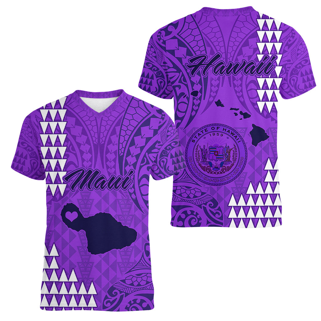 Maui Island Women V Neck T Shirt Kakau Tribal Mixed Polynesian Pattern Purple LT9 - Polynesian Pride