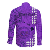 Personalised Maui Island Long Sleeve Button Shirt Kakau Tribal Mixed Polynesian Pattern Purple LT9 - Polynesian Pride