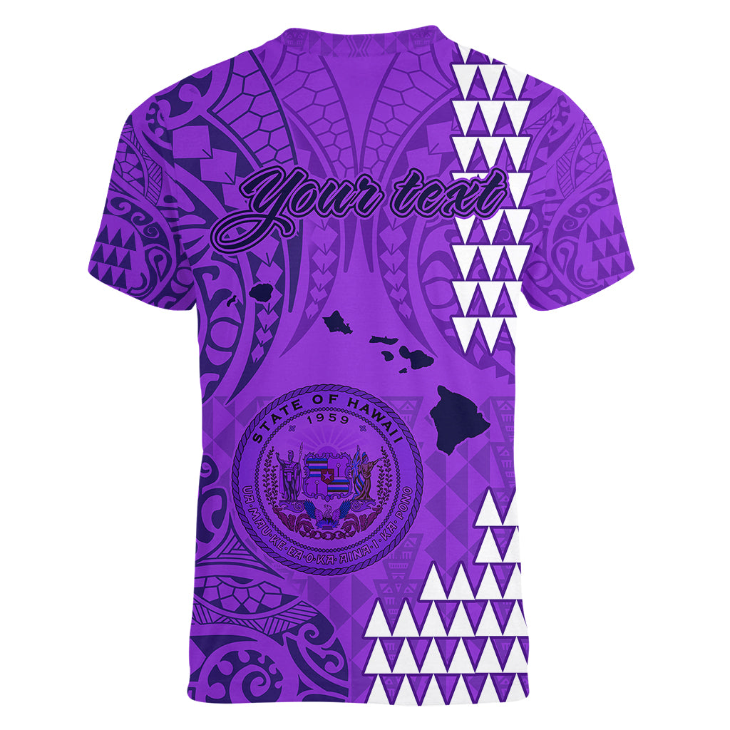 Personalised Maui Island Women V Neck T Shirt Kakau Tribal Mixed Polynesian Pattern Purple LT9 - Polynesian Pride