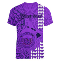 Personalised Maui Island Women V Neck T Shirt Kakau Tribal Mixed Polynesian Pattern Purple LT9 - Polynesian Pride