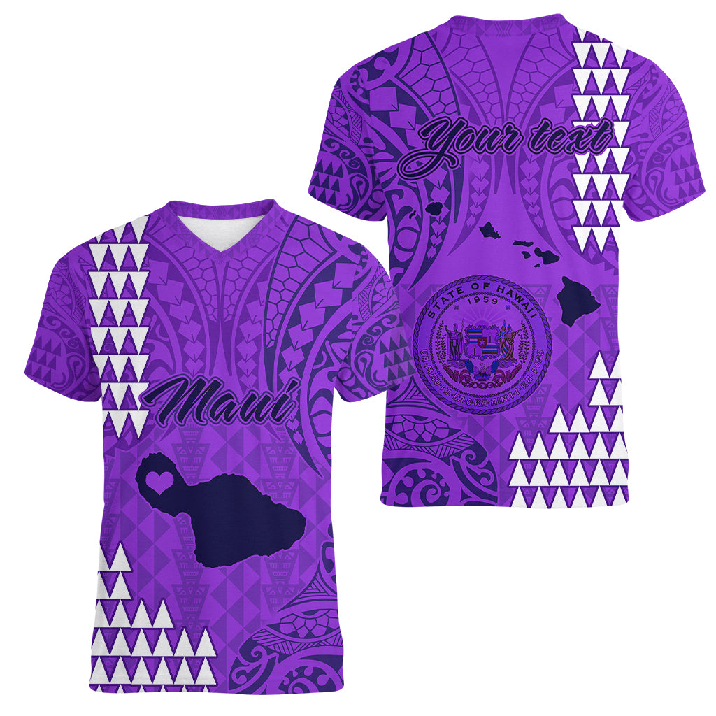 Personalised Maui Island Women V Neck T Shirt Kakau Tribal Mixed Polynesian Pattern Purple LT9 - Polynesian Pride