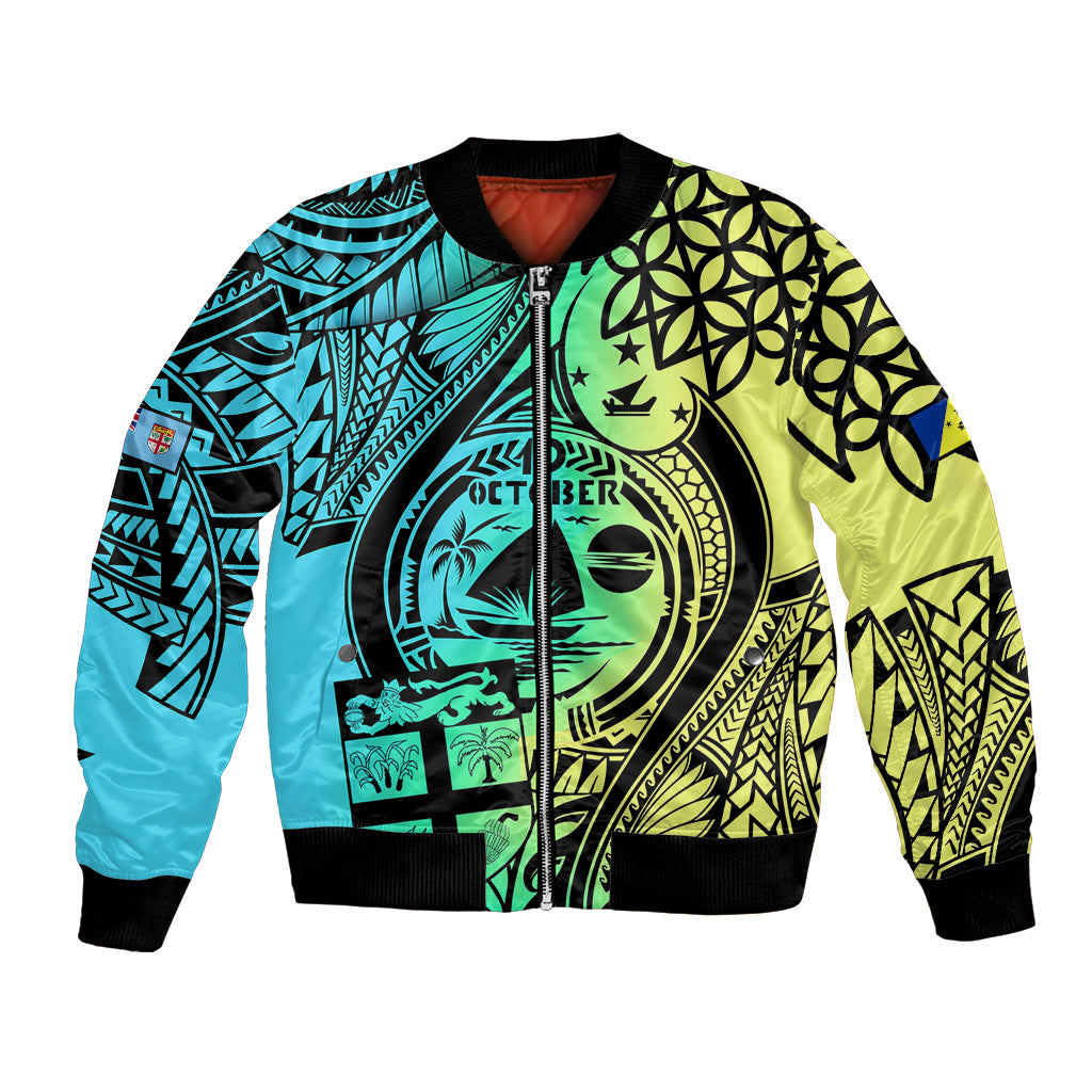 Malampa Fiji Day Bomber Jacket Vanuatu Sand Drawing With Polynesian Pattern LT9 Unisex Black - Polynesian Pride