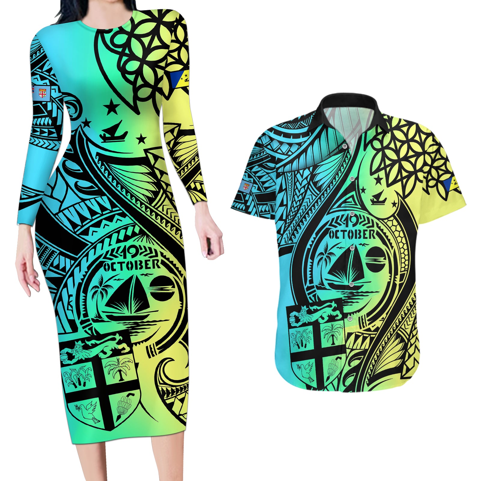 malampa-fiji-day-couples-matching-long-sleeve-bodycon-dress-and-hawaiian-shirt-vanuatu-sand-drawing-with-polynesian-pattern