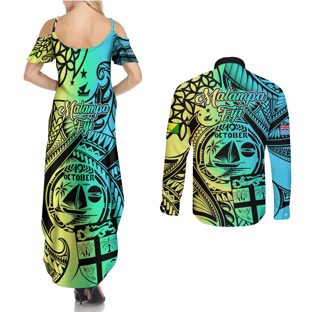 malampa-fiji-day-couples-matching-summer-maxi-dress-and-long-sleeve-button-shirts-vanuatu-sand-drawing-with-polynesian-pattern