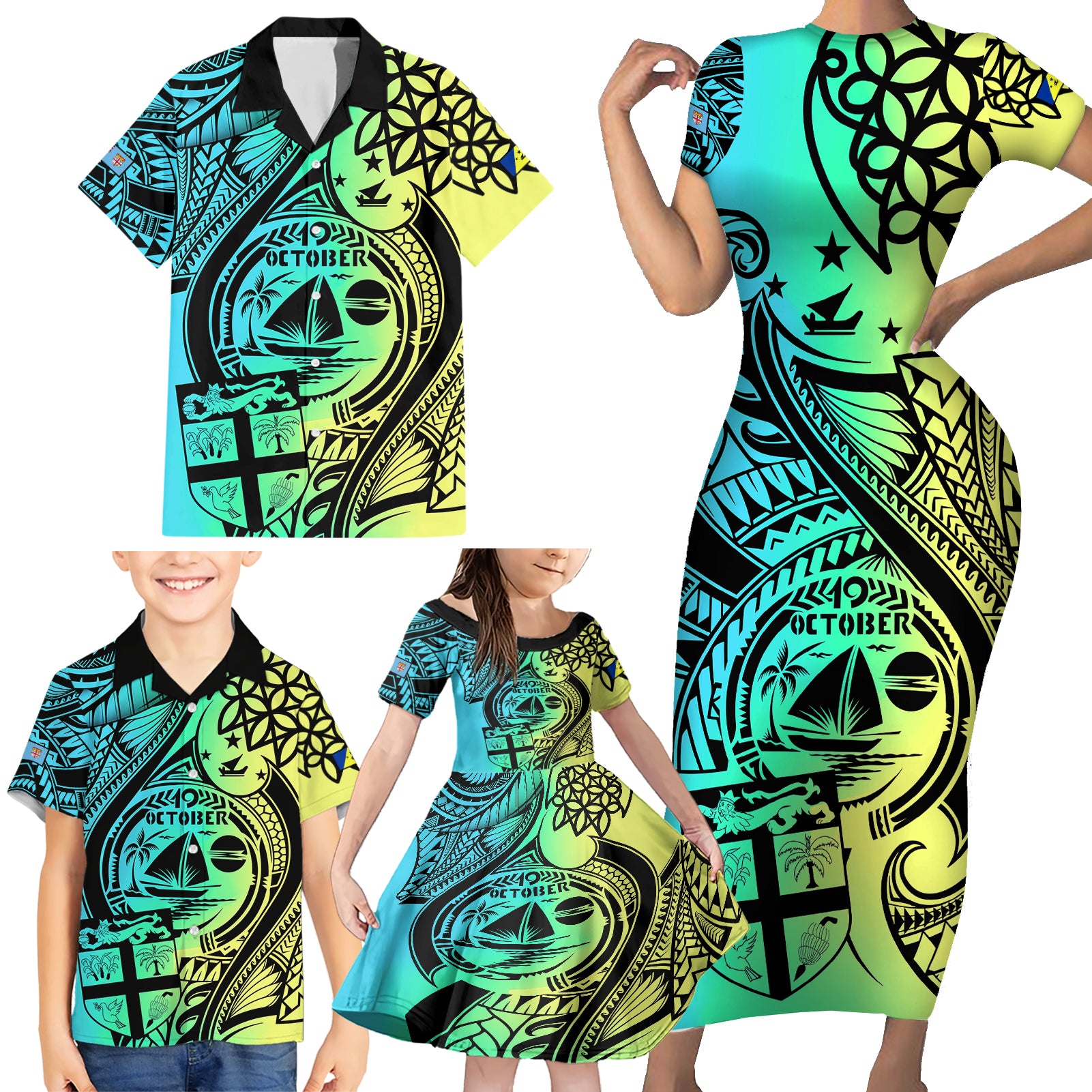 malampa-fiji-day-family-matching-short-sleeve-bodycon-dress-and-hawaiian-shirt-vanuatu-sand-drawing-with-polynesian-pattern