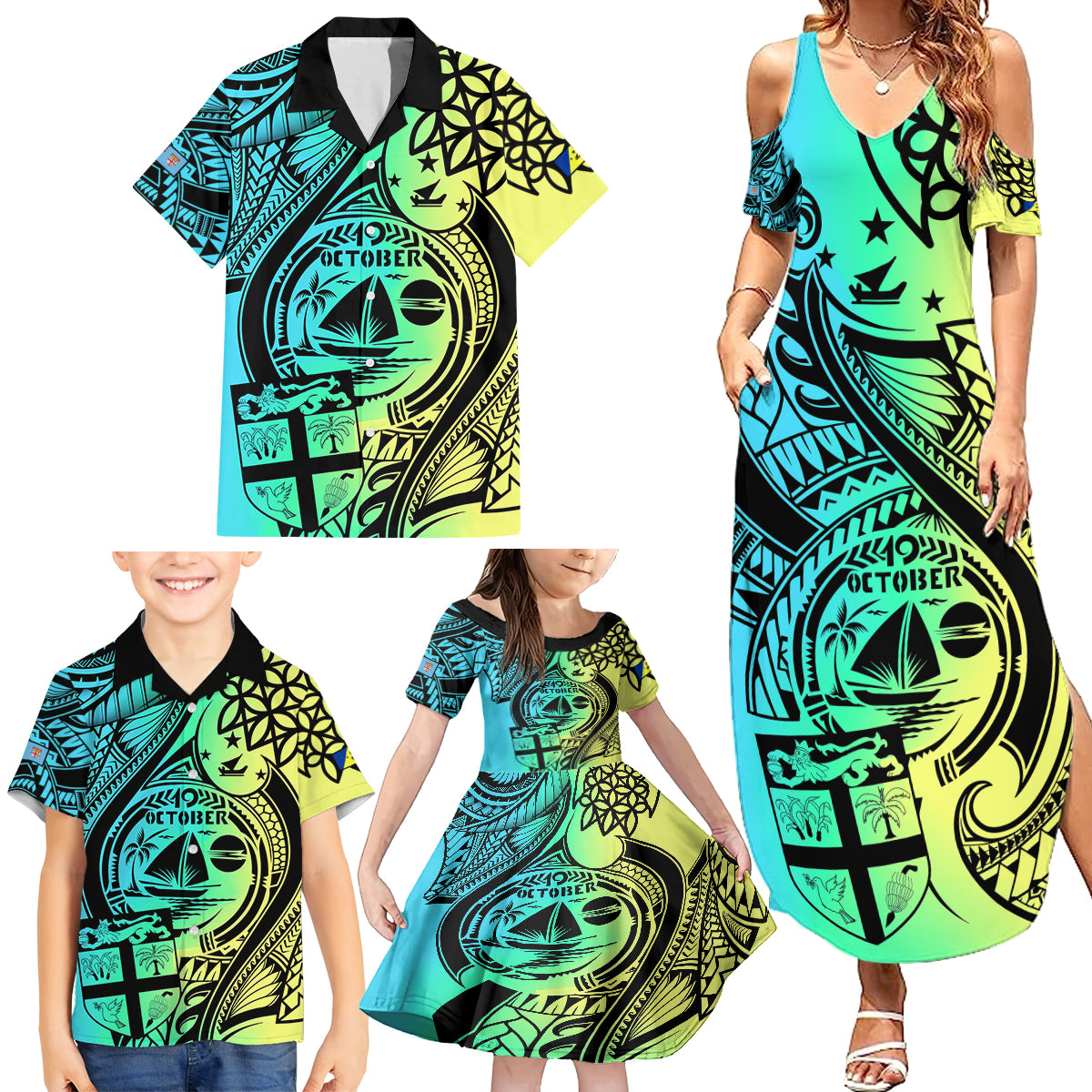 malampa-fiji-day-family-matching-summer-maxi-dress-and-hawaiian-shirt-vanuatu-sand-drawing-with-polynesian-pattern