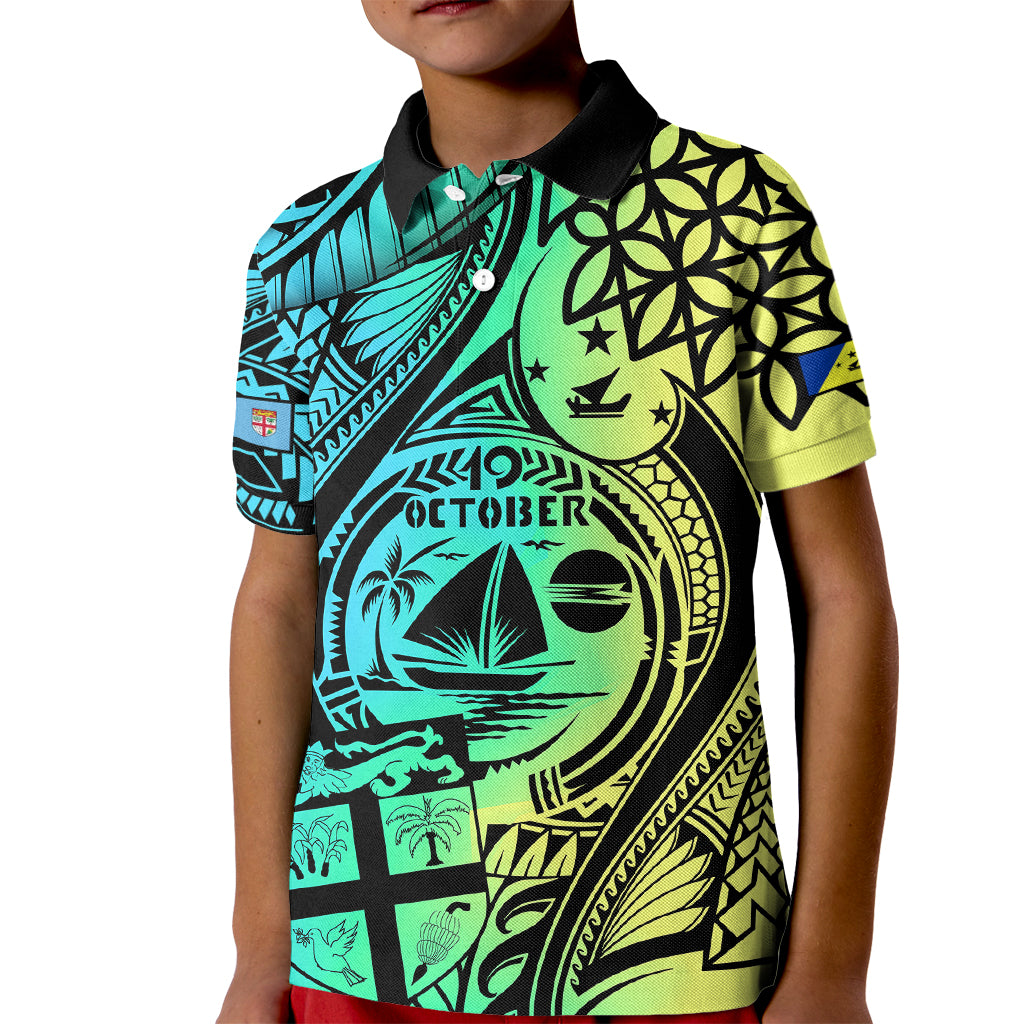 Malampa Fiji Day Kid Polo Shirt Vanuatu Sand Drawing With Polynesian Pattern LT9 Kid Black - Polynesian Pride