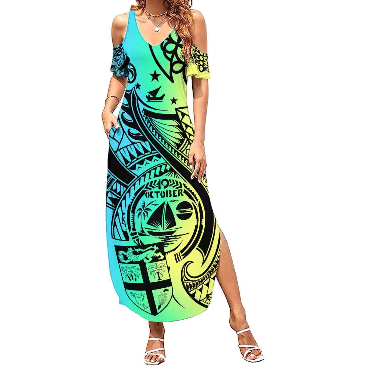 Malampa Fiji Day Summer Maxi Dress Vanuatu Sand Drawing With Polynesian Pattern LT9 Women Black - Polynesian Pride