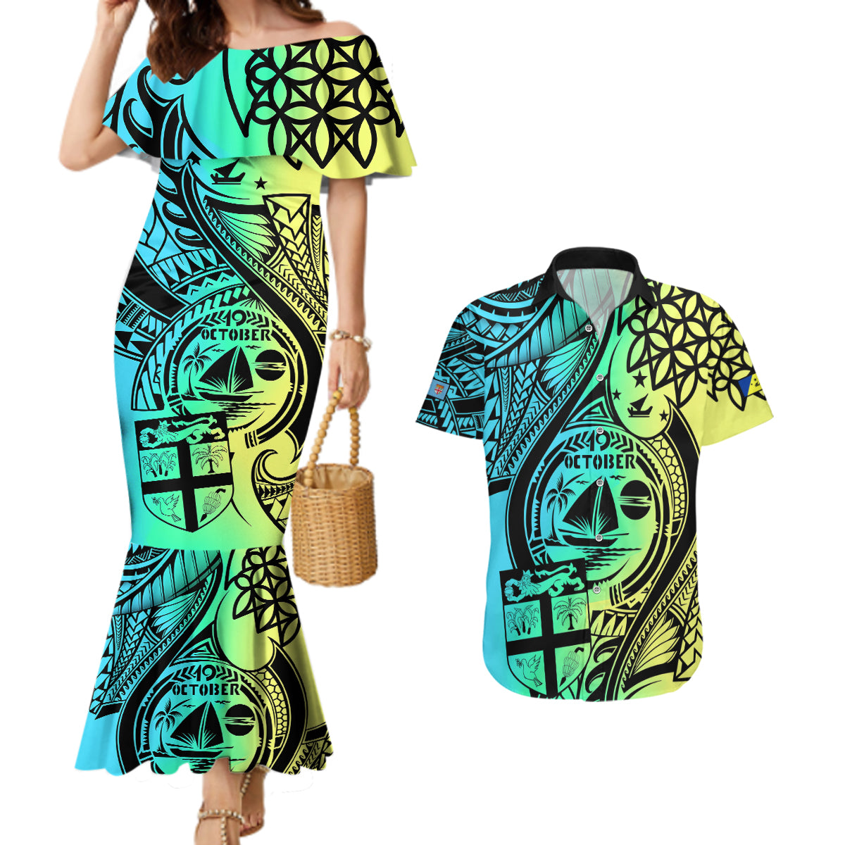 personalised-malampa-fiji-day-couples-matching-mermaid-dress-and-hawaiian-shirt-vanuatu-sand-drawing-with-polynesian-pattern