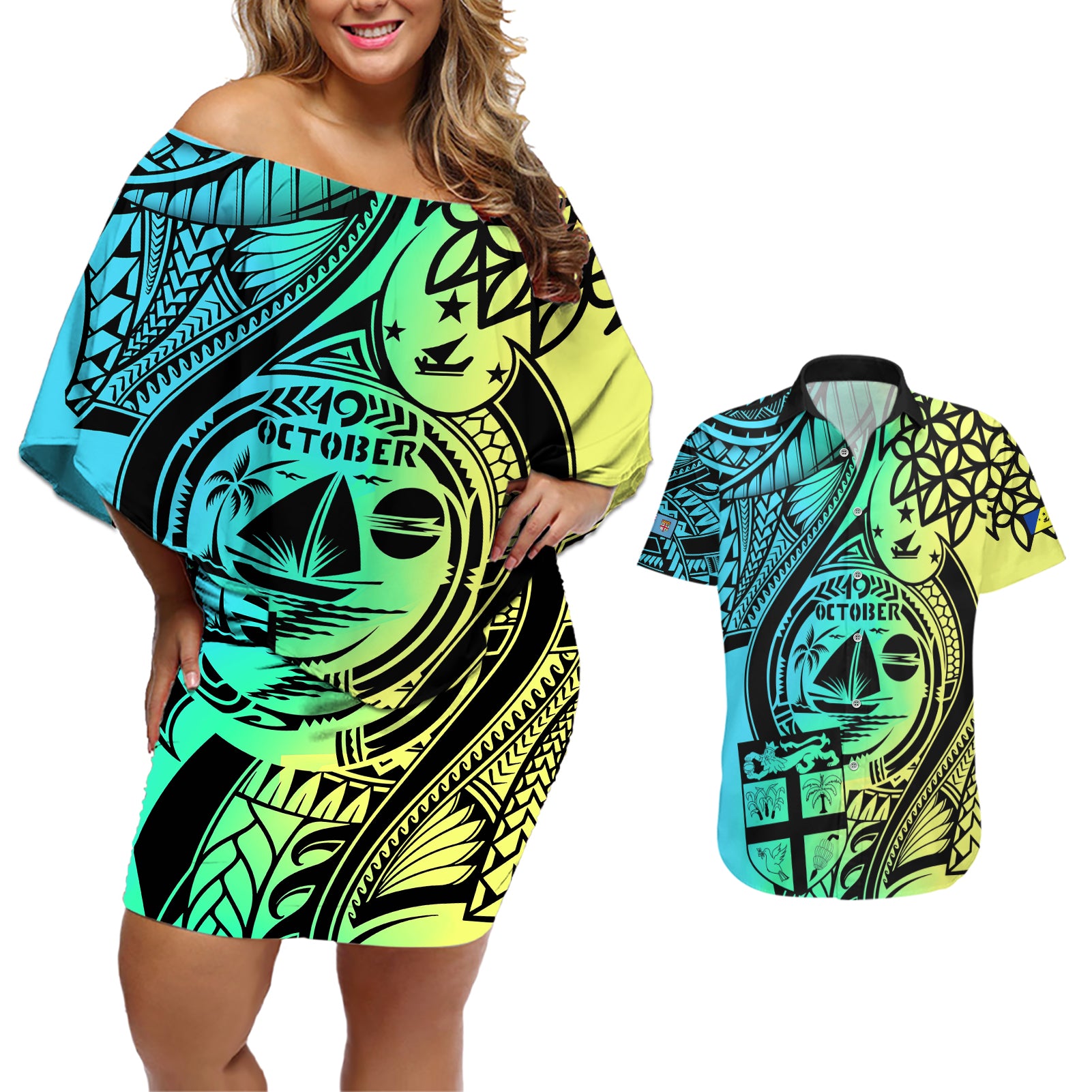 personalised-malampa-fiji-day-couples-matching-off-shoulder-short-dress-and-hawaiian-shirt-vanuatu-sand-drawing-with-polynesian-pattern