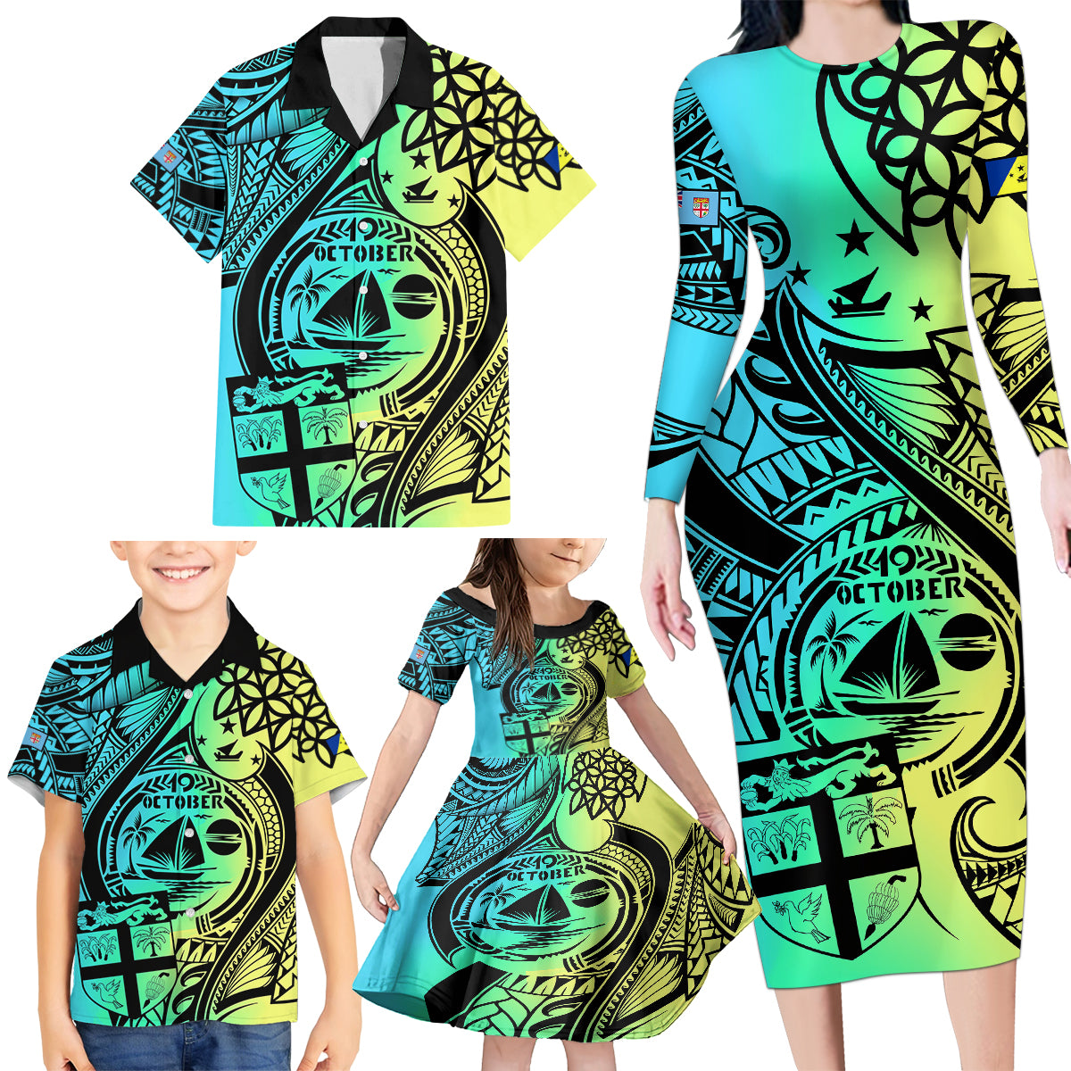 personalised-malampa-fiji-day-family-matching-long-sleeve-bodycon-dress-and-hawaiian-shirt-vanuatu-sand-drawing-with-polynesian-pattern