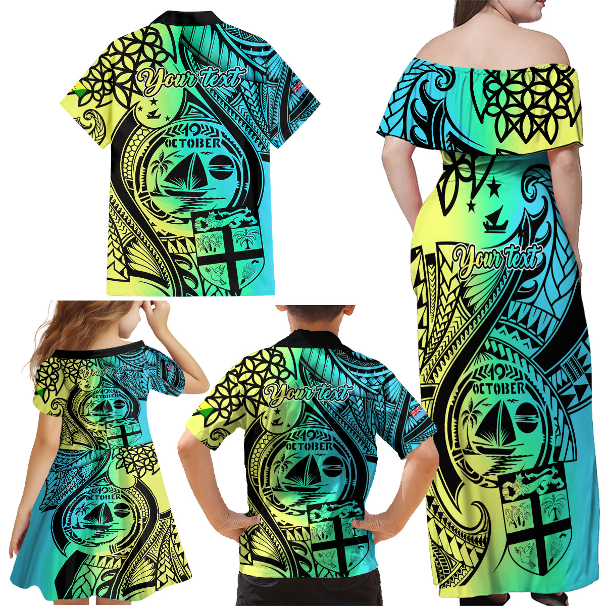 personalised-malampa-fiji-day-family-matching-off-shoulder-maxi-dress-and-hawaiian-shirt-vanuatu-sand-drawing-with-polynesian-pattern