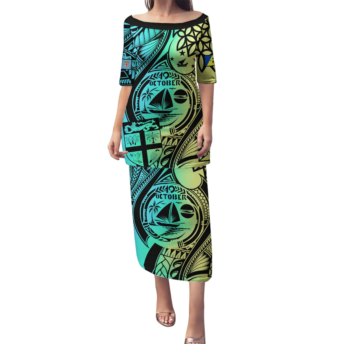 Personalised Malampa Fiji Day Family Matching Puletasi Dress and Hawaiian Shirt Vanuatu Sand Drawing With Polynesian Pattern LT9 Mom's Dress Black - Polynesian Pride