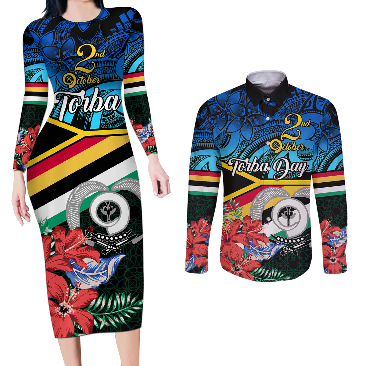 Torba Vanuatu Couples Matching Long Sleeve Bodycon Dress and Long Sleeve Button Shirts Sand Drawing With Polynesian Pattern LT9 Black - Polynesian Pride