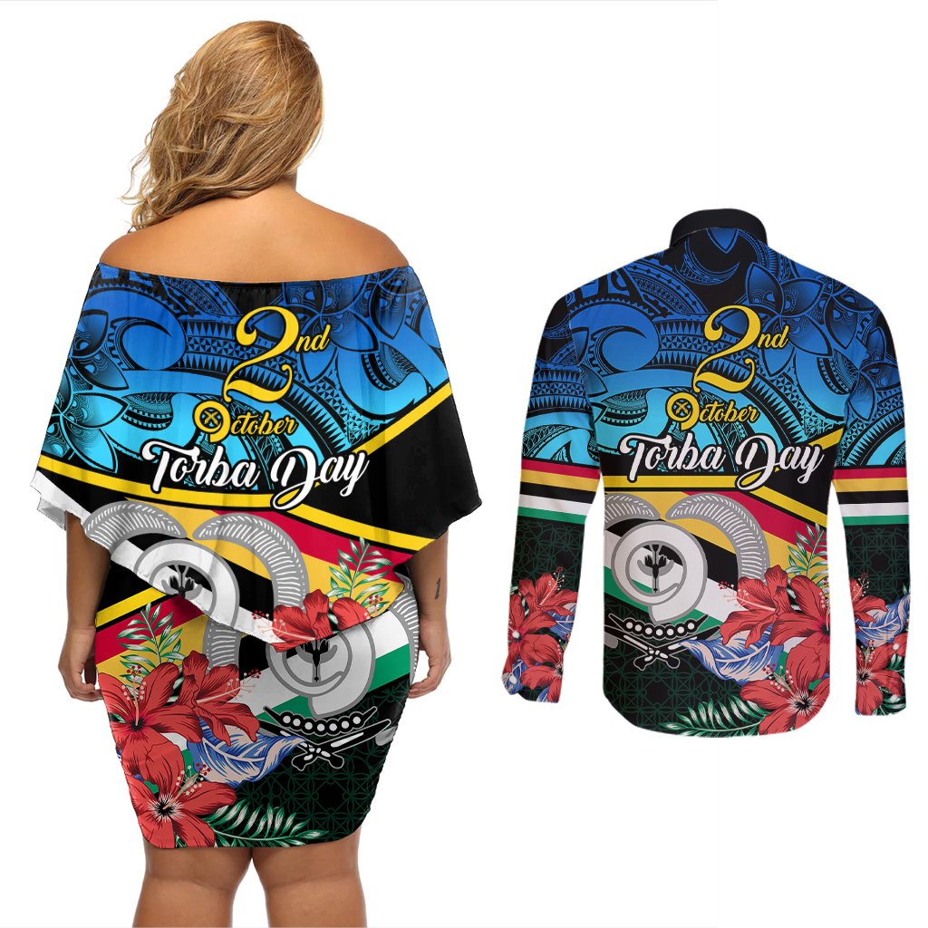 Torba Vanuatu Couples Matching Off Shoulder Short Dress and Long Sleeve Button Shirts Sand Drawing With Polynesian Pattern LT9 - Polynesian Pride