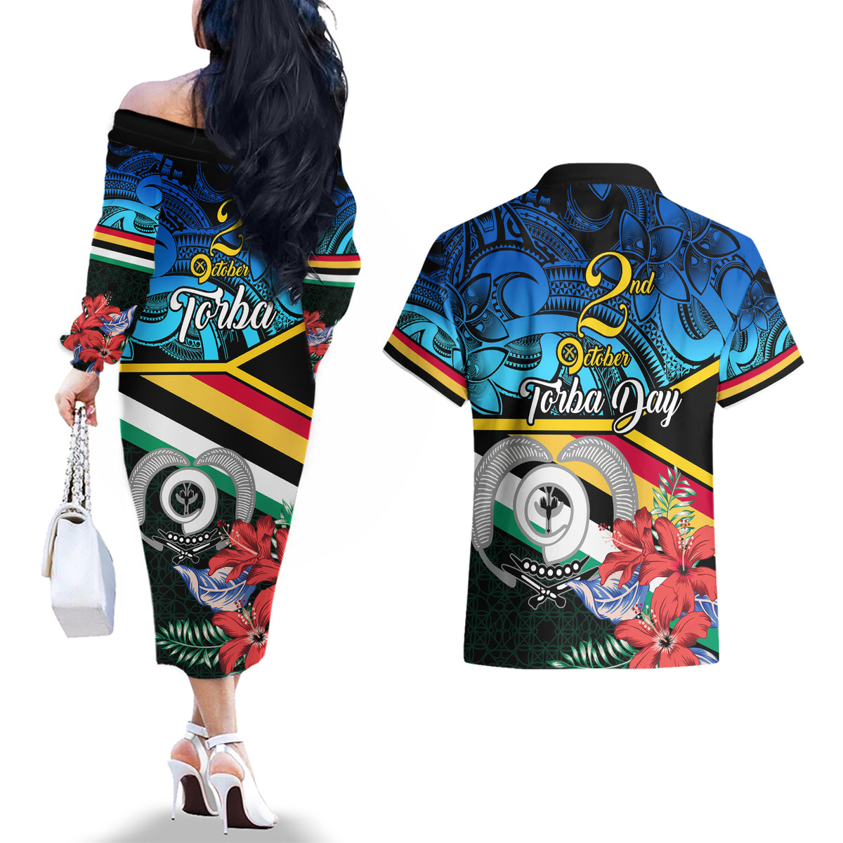 Torba Vanuatu Couples Matching Off The Shoulder Long Sleeve Dress and Hawaiian Shirt Sand Drawing With Polynesian Pattern LT9 - Polynesian Pride