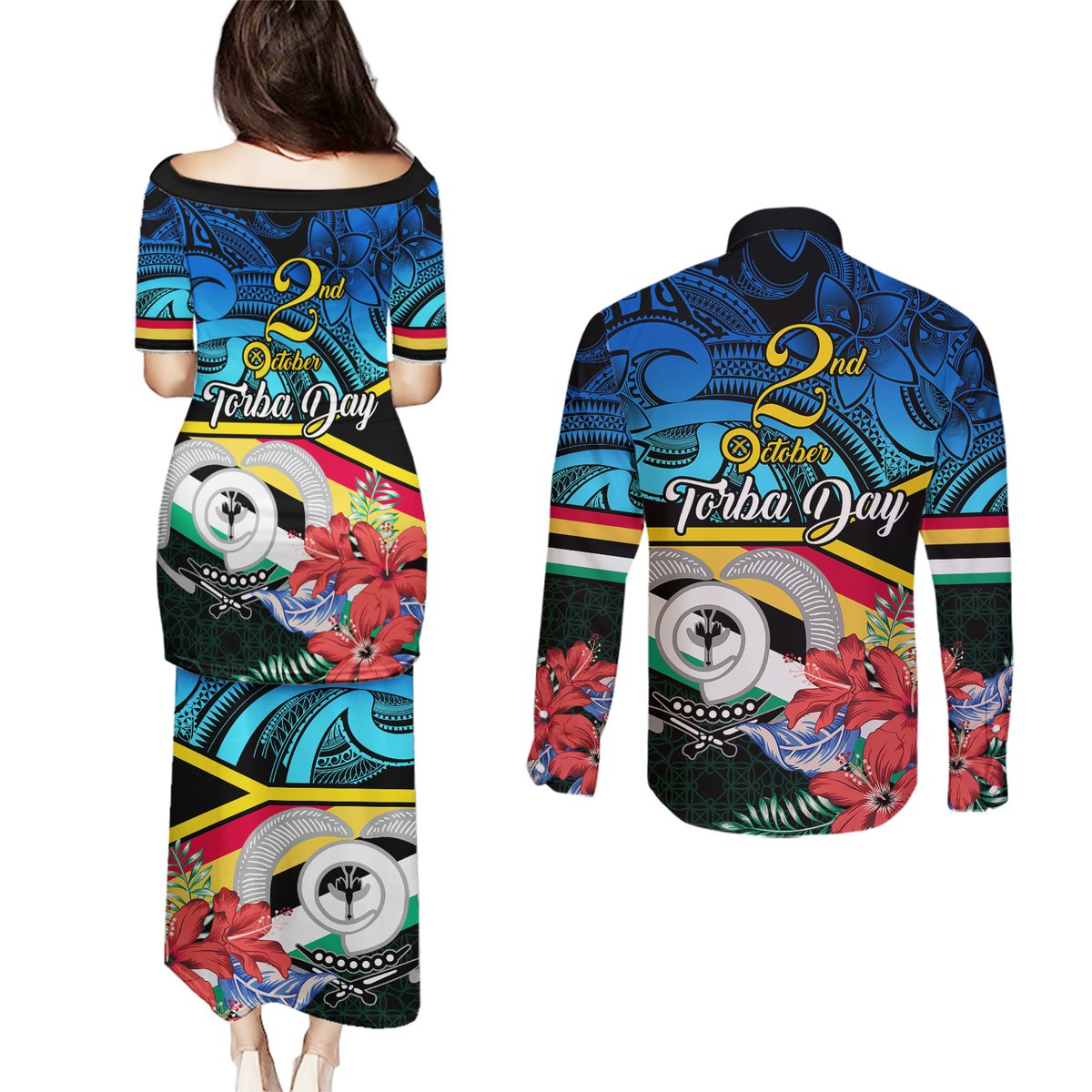 Torba Vanuatu Couples Matching Puletasi Dress and Long Sleeve Button Shirts Sand Drawing With Polynesian Pattern LT9 - Polynesian Pride