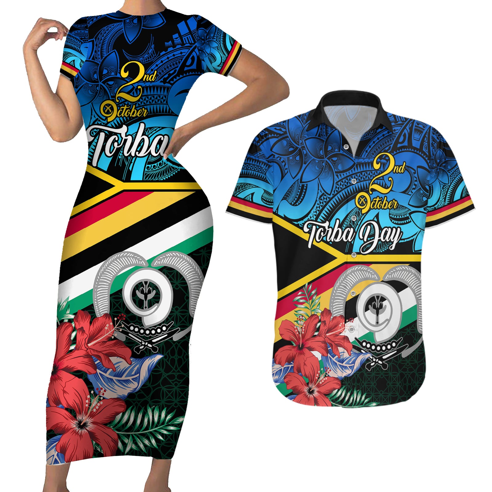 Torba Vanuatu Couples Matching Short Sleeve Bodycon Dress and Hawaiian Shirt Sand Drawing With Polynesian Pattern LT9 Black - Polynesian Pride