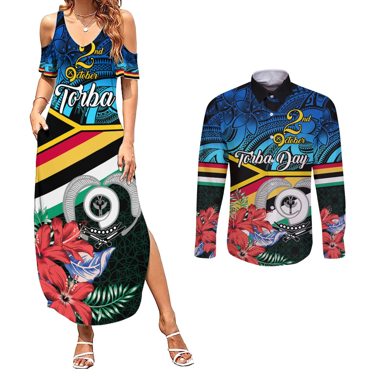 Torba Vanuatu Couples Matching Summer Maxi Dress and Long Sleeve Button Shirts Sand Drawing With Polynesian Pattern LT9 Black - Polynesian Pride