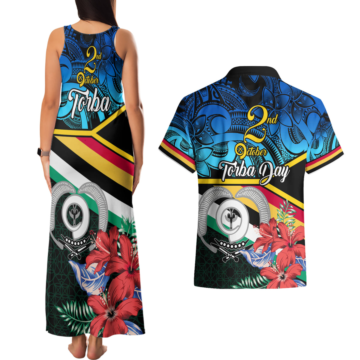 Torba Vanuatu Couples Matching Tank Maxi Dress and Hawaiian Shirt Sand Drawing With Polynesian Pattern LT9 - Polynesian Pride
