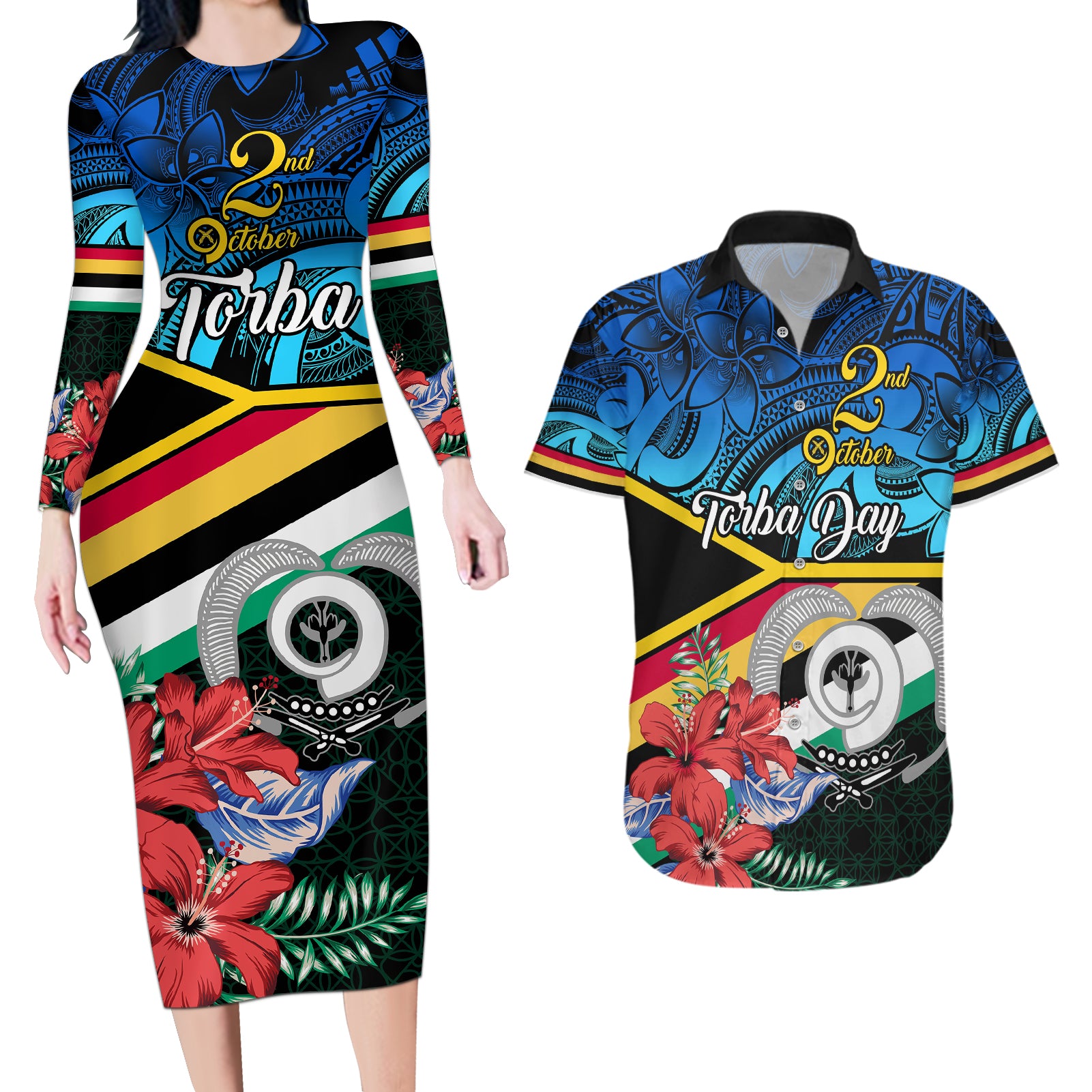 personalised-torba-vanuatu-couples-matching-long-sleeve-bodycon-dress-and-hawaiian-shirt-sand-drawing-with-polynesian-pattern