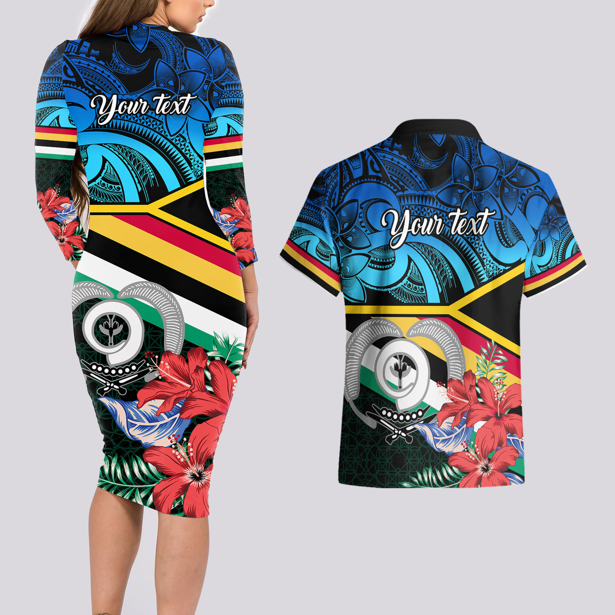 Personalised Torba Vanuatu Couples Matching Long Sleeve Bodycon Dress and Hawaiian Shirt Sand Drawing With Polynesian Pattern LT9 - Polynesian Pride