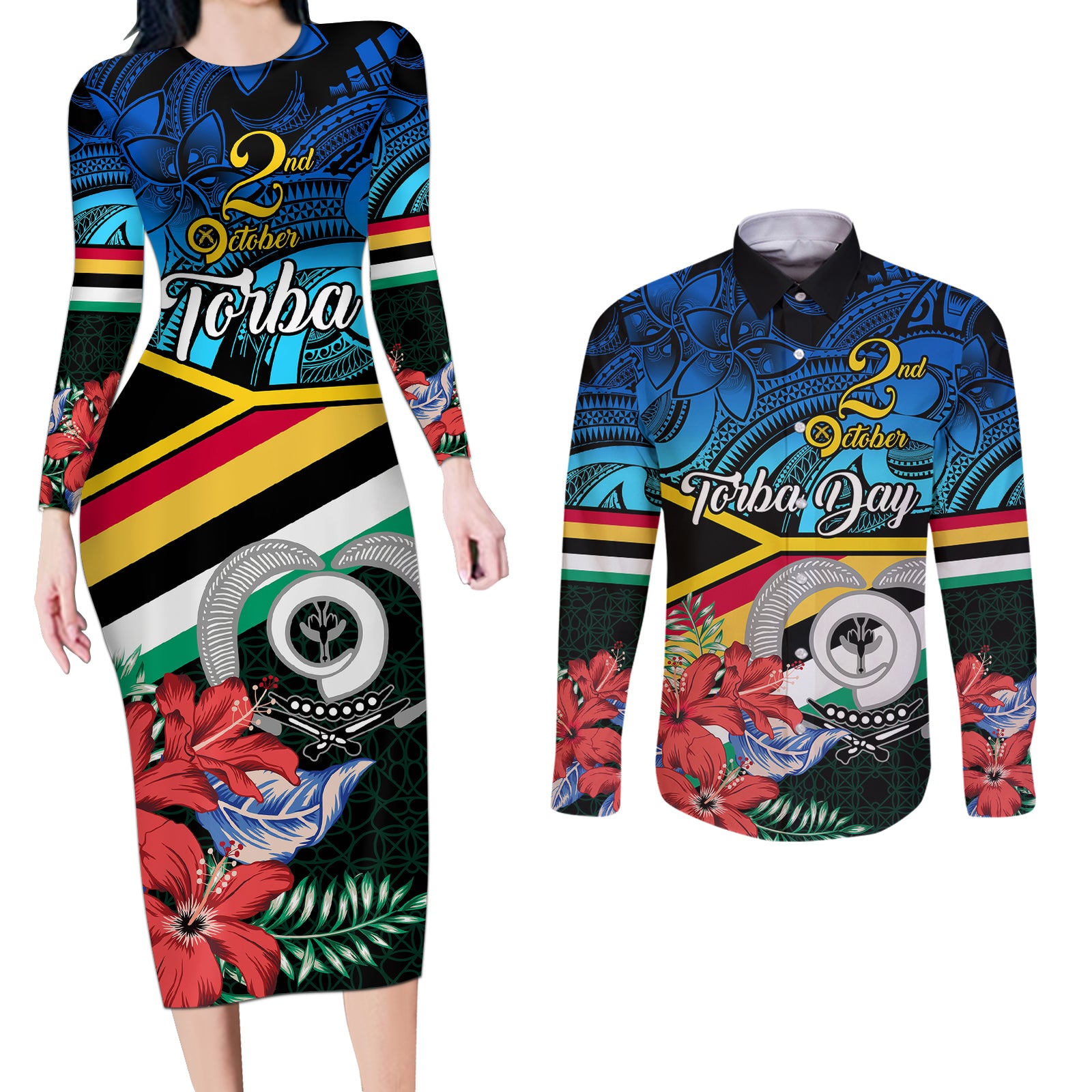 Personalised Torba Vanuatu Couples Matching Long Sleeve Bodycon Dress and Long Sleeve Button Shirts Sand Drawing With Polynesian Pattern LT9 Black - Polynesian Pride
