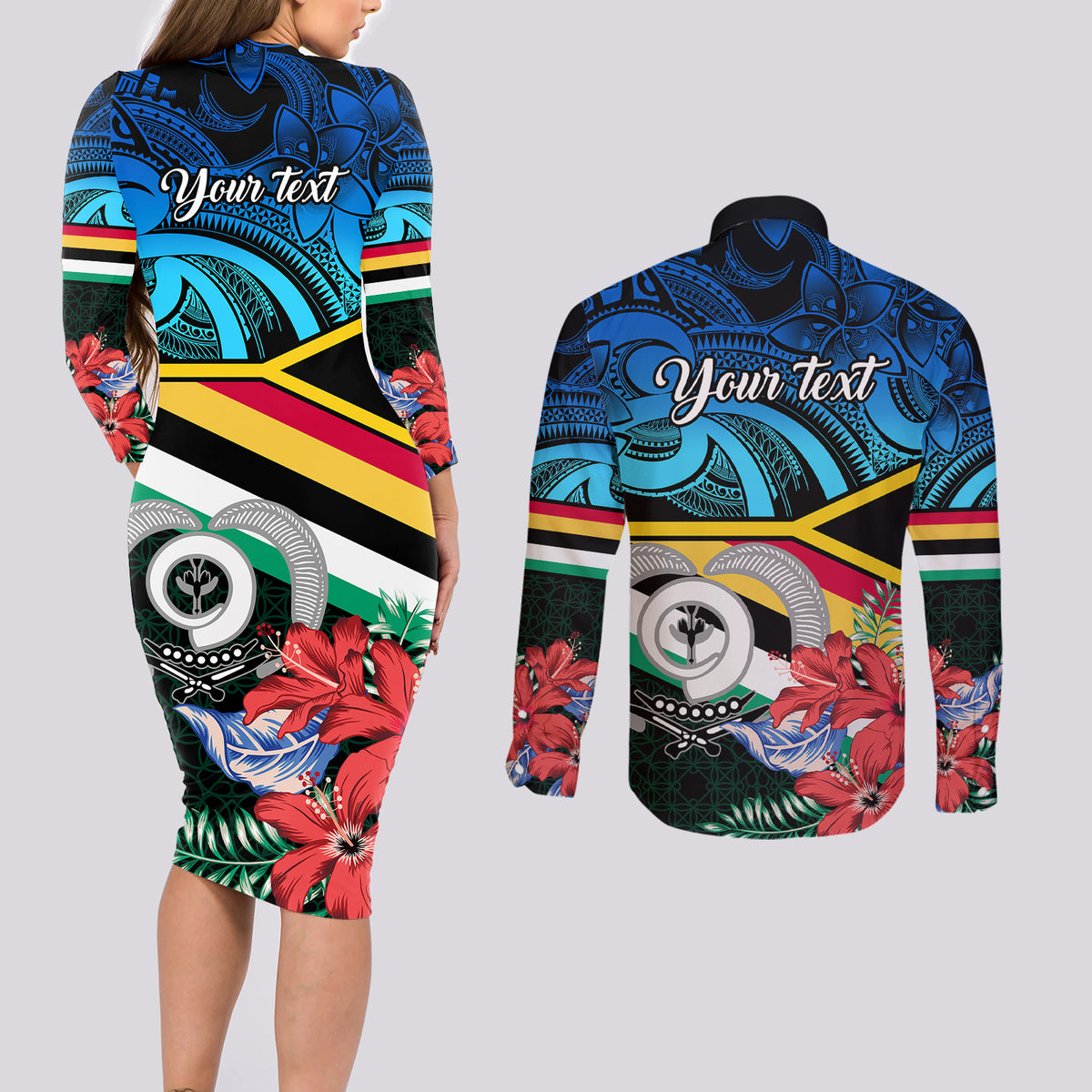 Personalised Torba Vanuatu Couples Matching Long Sleeve Bodycon Dress and Long Sleeve Button Shirts Sand Drawing With Polynesian Pattern LT9 - Polynesian Pride