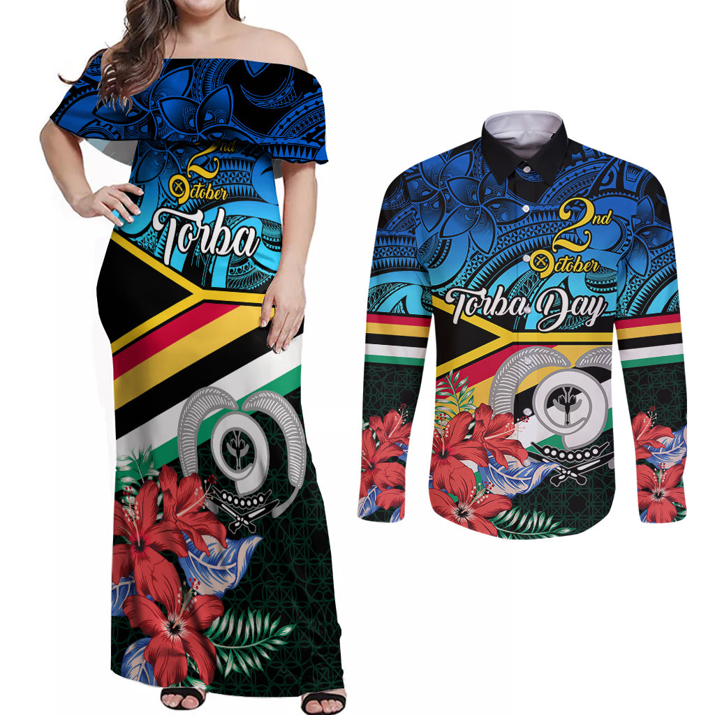 Personalised Torba Vanuatu Couples Matching Off Shoulder Maxi Dress and Long Sleeve Button Shirts Sand Drawing With Polynesian Pattern LT9 Black - Polynesian Pride
