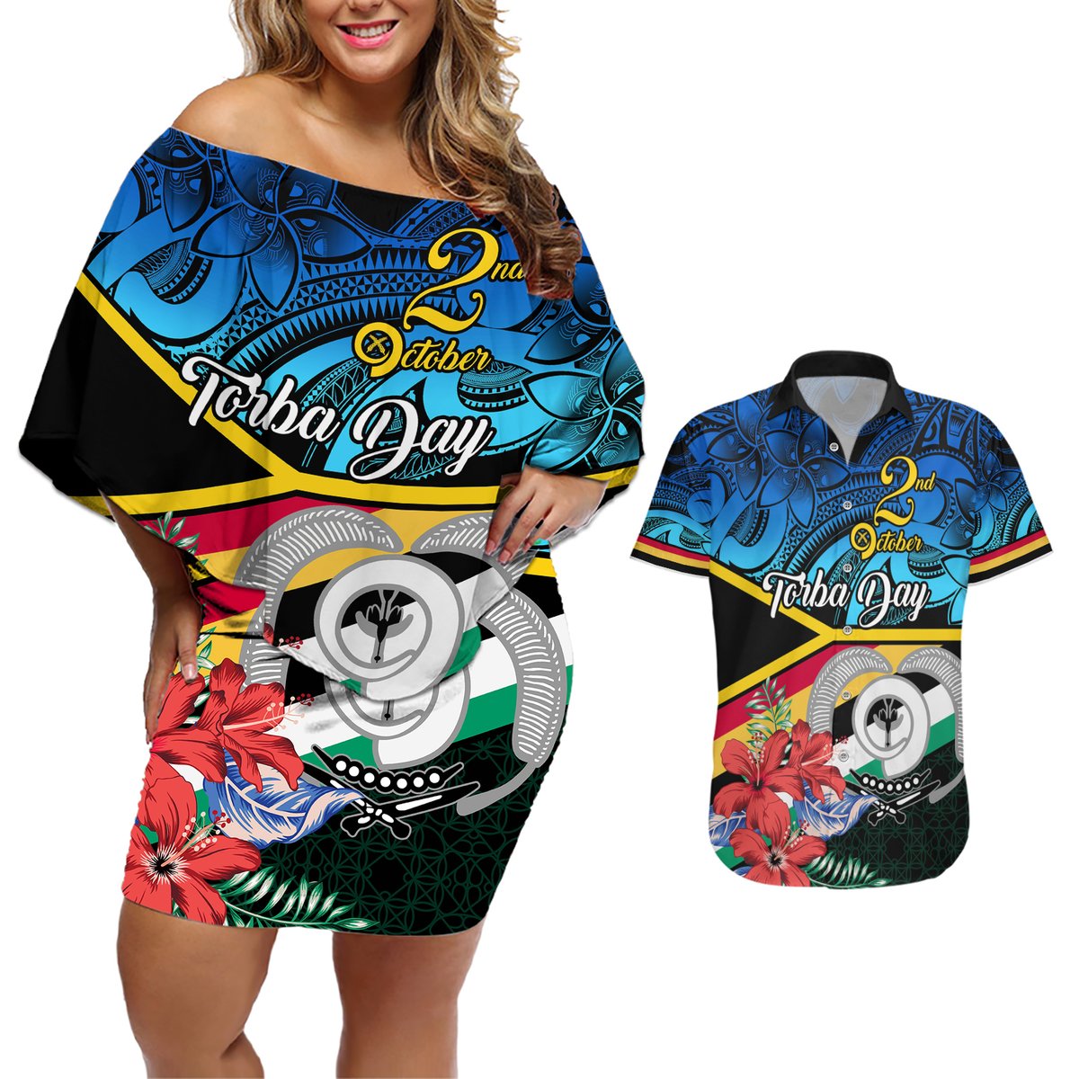 Personalised Torba Vanuatu Couples Matching Off Shoulder Short Dress and Hawaiian Shirt Sand Drawing With Polynesian Pattern LT9 Black - Polynesian Pride