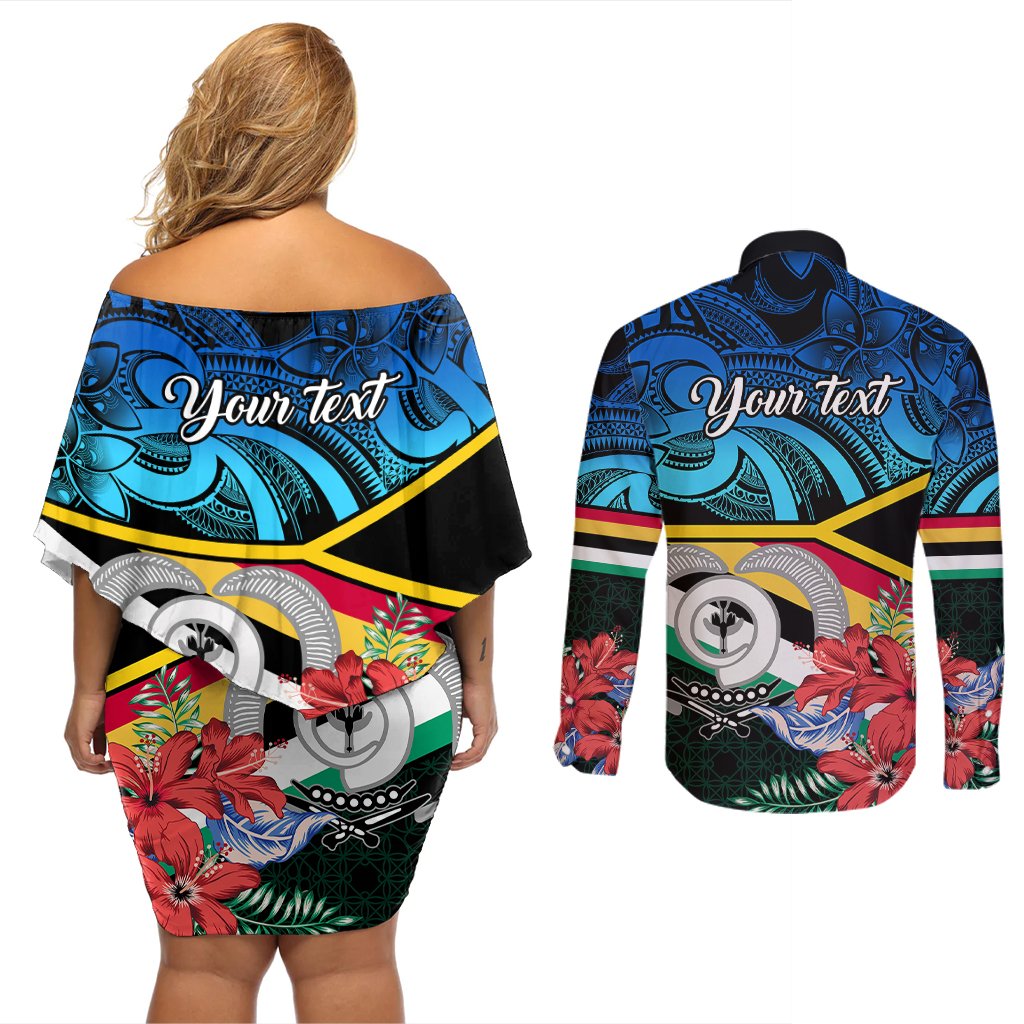 Personalised Torba Vanuatu Couples Matching Off Shoulder Short Dress and Long Sleeve Button Shirts Sand Drawing With Polynesian Pattern LT9 - Polynesian Pride
