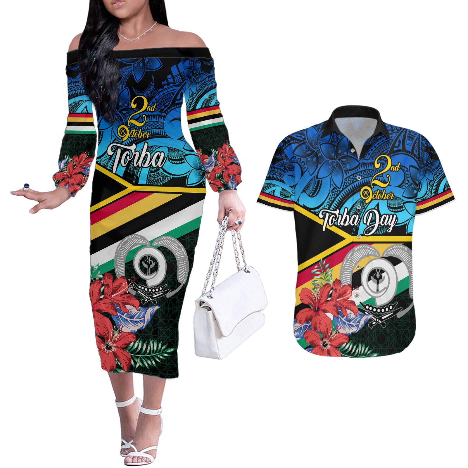 personalised-torba-vanuatu-couples-matching-off-the-shoulder-long-sleeve-dress-and-hawaiian-shirt-sand-drawing-with-polynesian-pattern