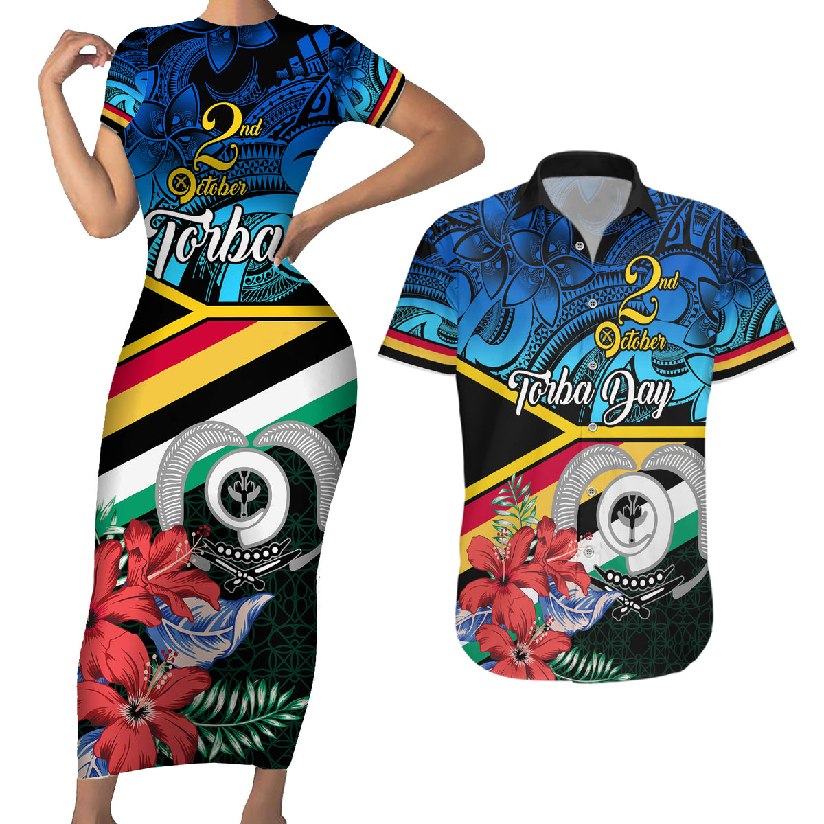 Personalised Torba Vanuatu Couples Matching Short Sleeve Bodycon Dress and Hawaiian Shirt Sand Drawing With Polynesian Pattern LT9 Black - Polynesian Pride