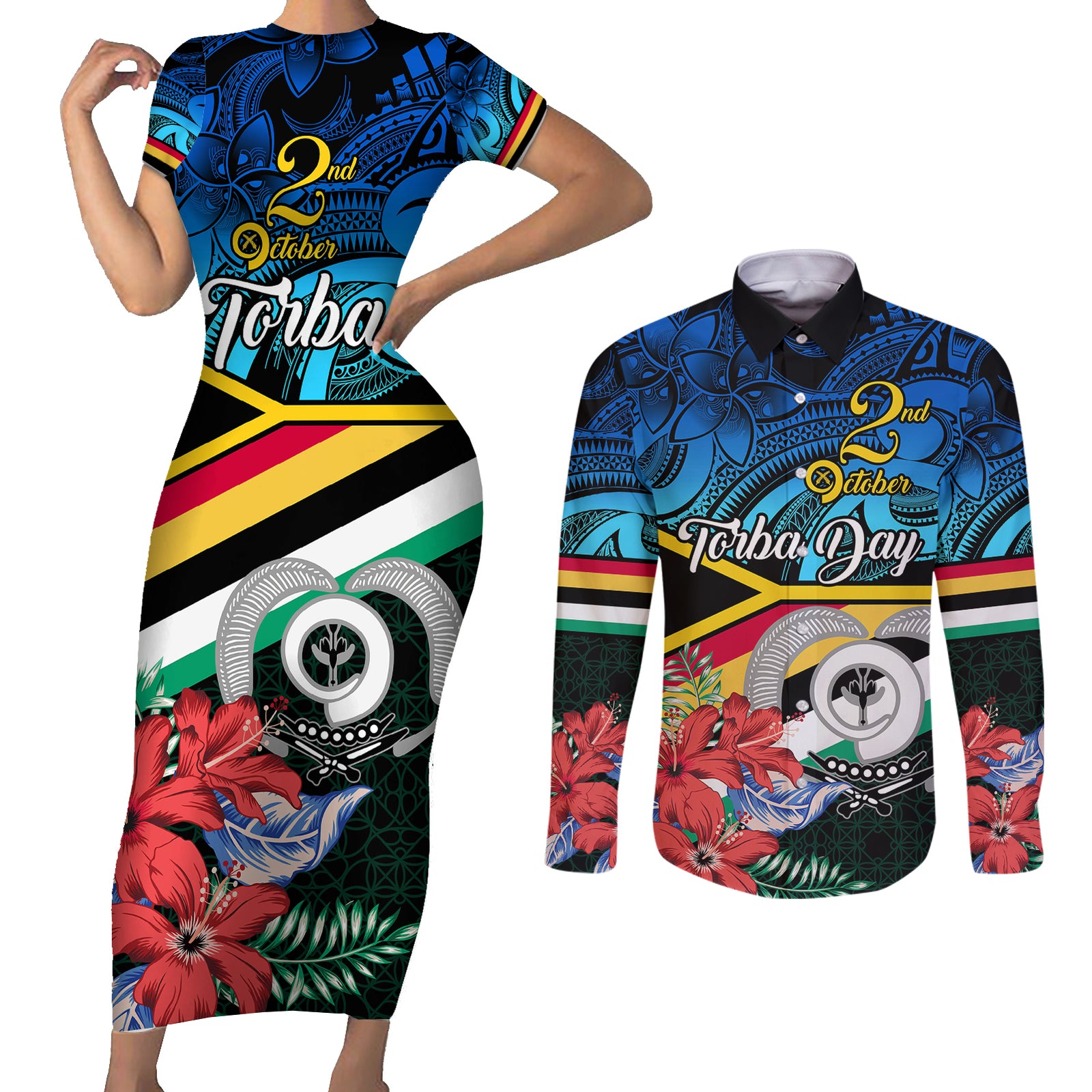 Personalised Torba Vanuatu Couples Matching Short Sleeve Bodycon Dress and Long Sleeve Button Shirts Sand Drawing With Polynesian Pattern LT9 Black - Polynesian Pride