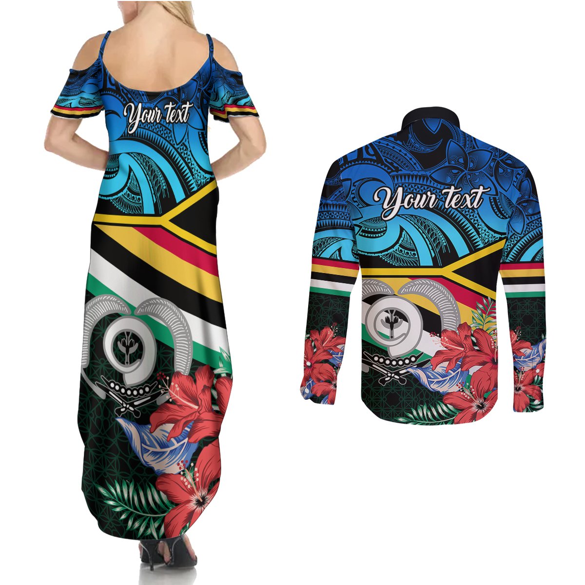 Personalised Torba Vanuatu Couples Matching Summer Maxi Dress and Long Sleeve Button Shirts Sand Drawing With Polynesian Pattern LT9 - Polynesian Pride