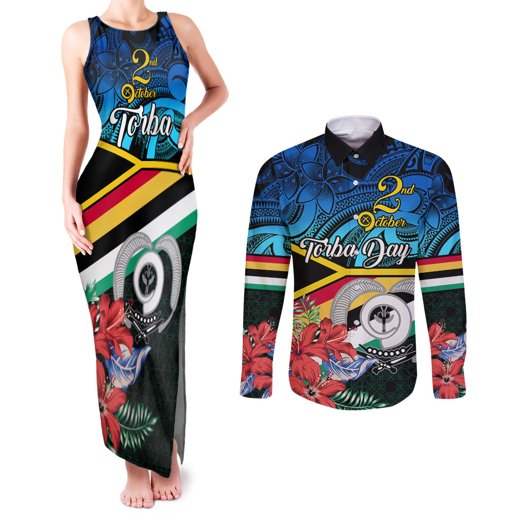 Personalised Torba Vanuatu Couples Matching Tank Maxi Dress and Long Sleeve Button Shirts Sand Drawing With Polynesian Pattern LT9 Black - Polynesian Pride