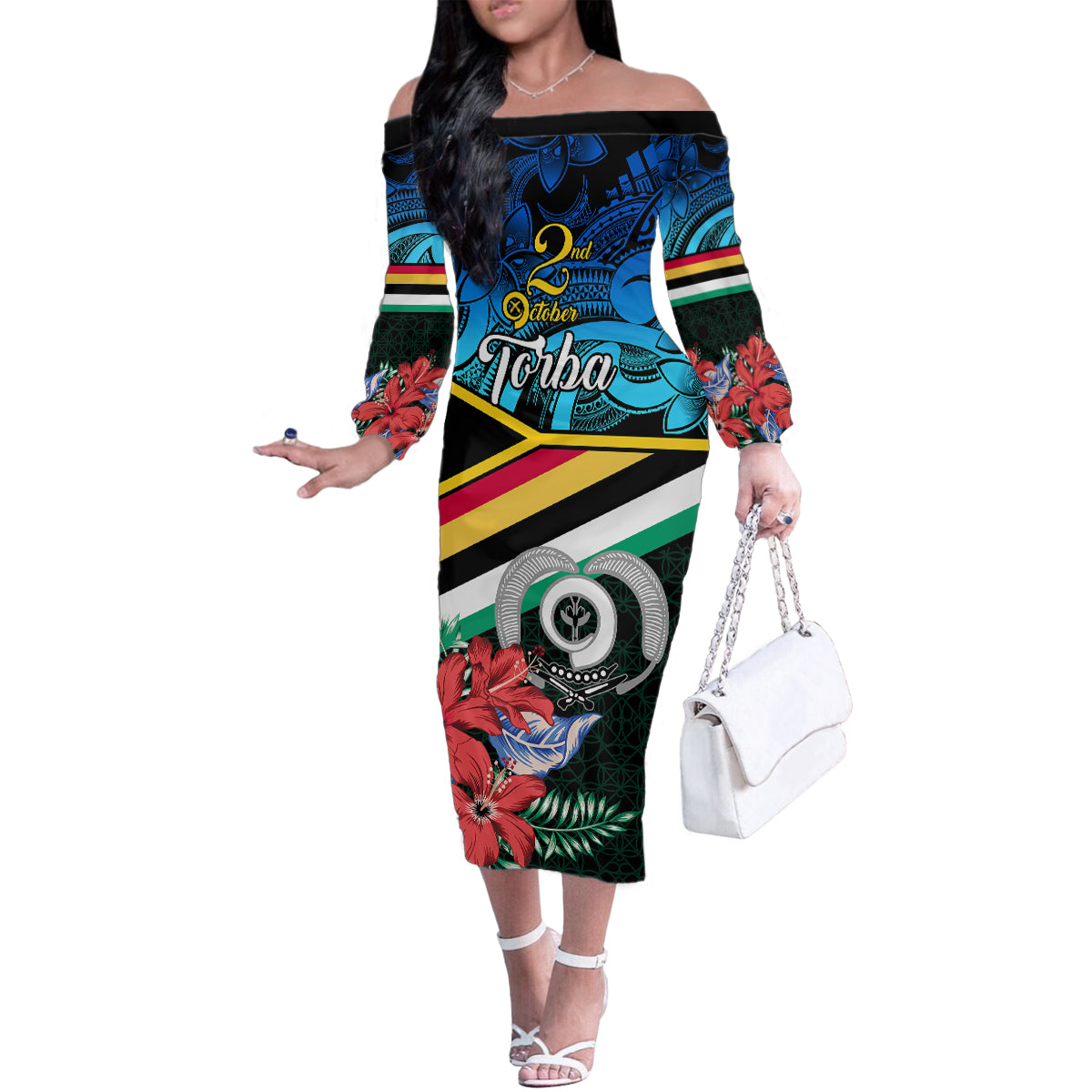 personalised-torba-vanuatu-family-matching-off-shoulder-long-sleeve-dress-and-hawaiian-shirt-sand-drawing-with-polynesian-pattern