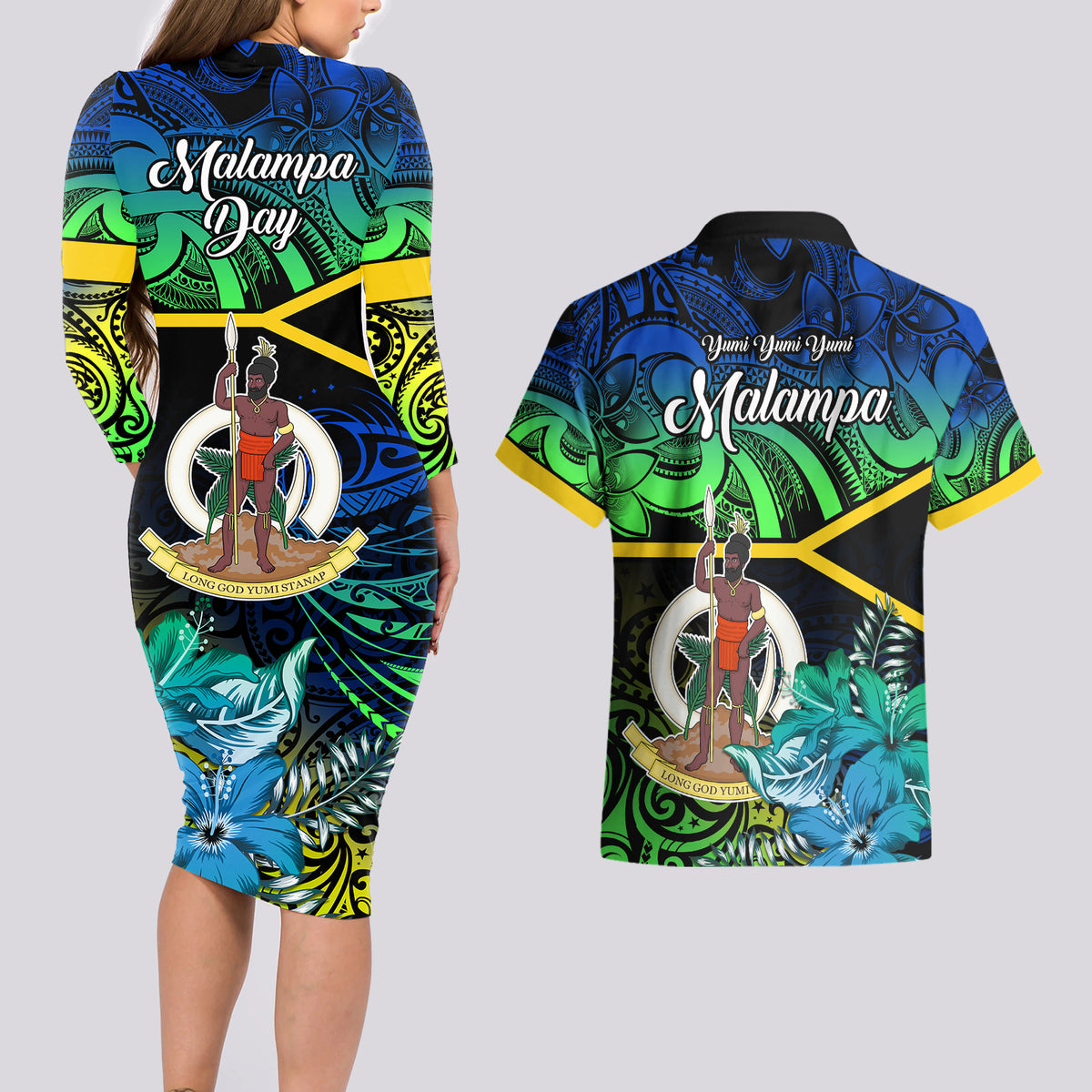 malampa-day-couples-matching-long-sleeve-bodycon-dress-and-hawaiian-shirt-vanuatu-flowers-with-malampa-emblem-tribal-pattern