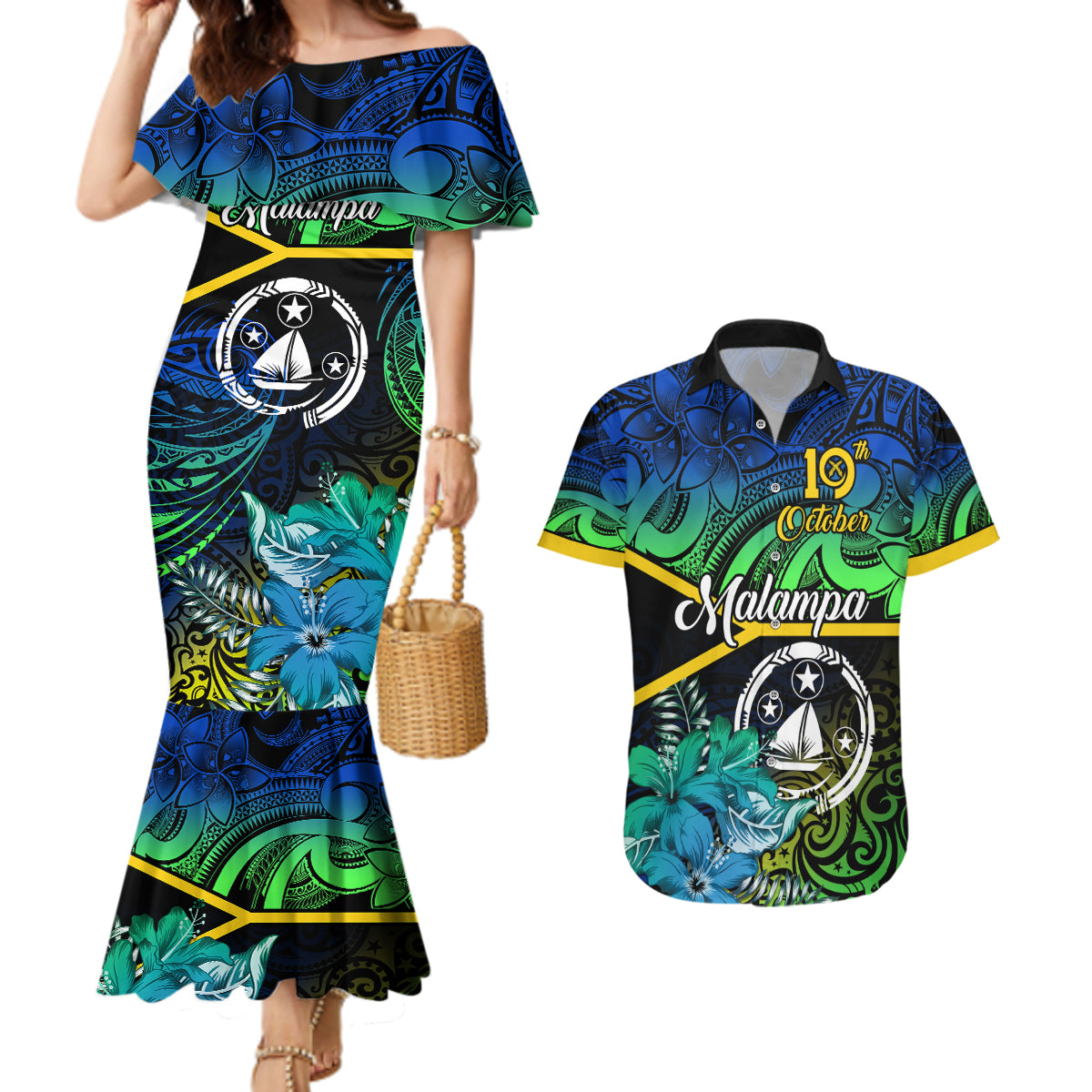 malampa-day-couples-matching-mermaid-dress-and-hawaiian-shirt-vanuatu-flowers-with-malampa-emblem-tribal-pattern