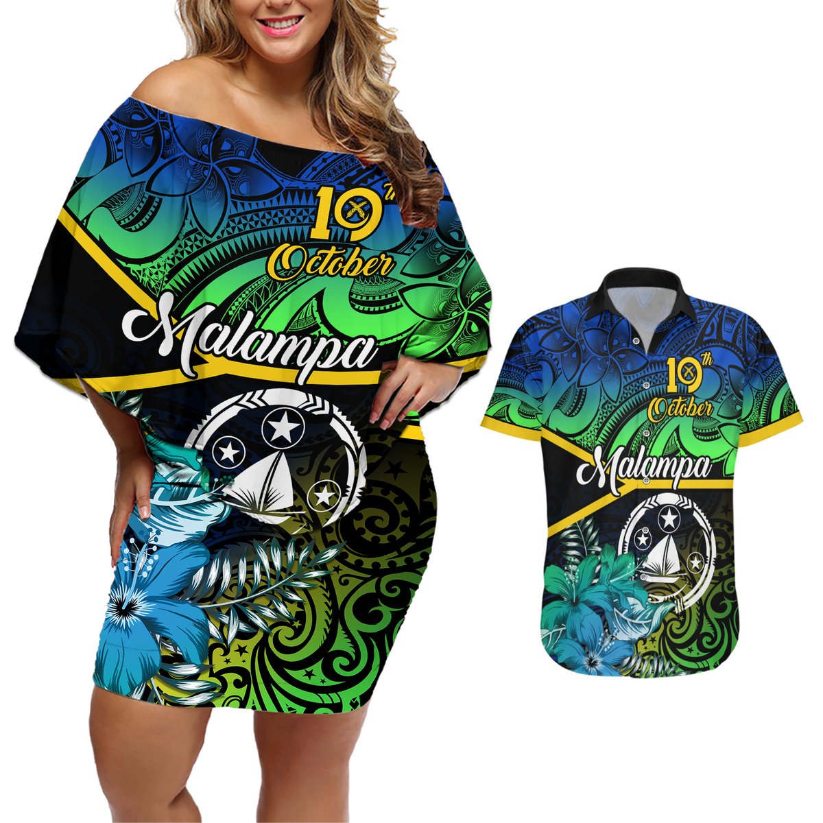 Malampa Day Couples Matching Off Shoulder Short Dress and Hawaiian Shirt Vanuatu Flowers with Malampa Emblem Tribal Pattern LT9 Black - Polynesian Pride