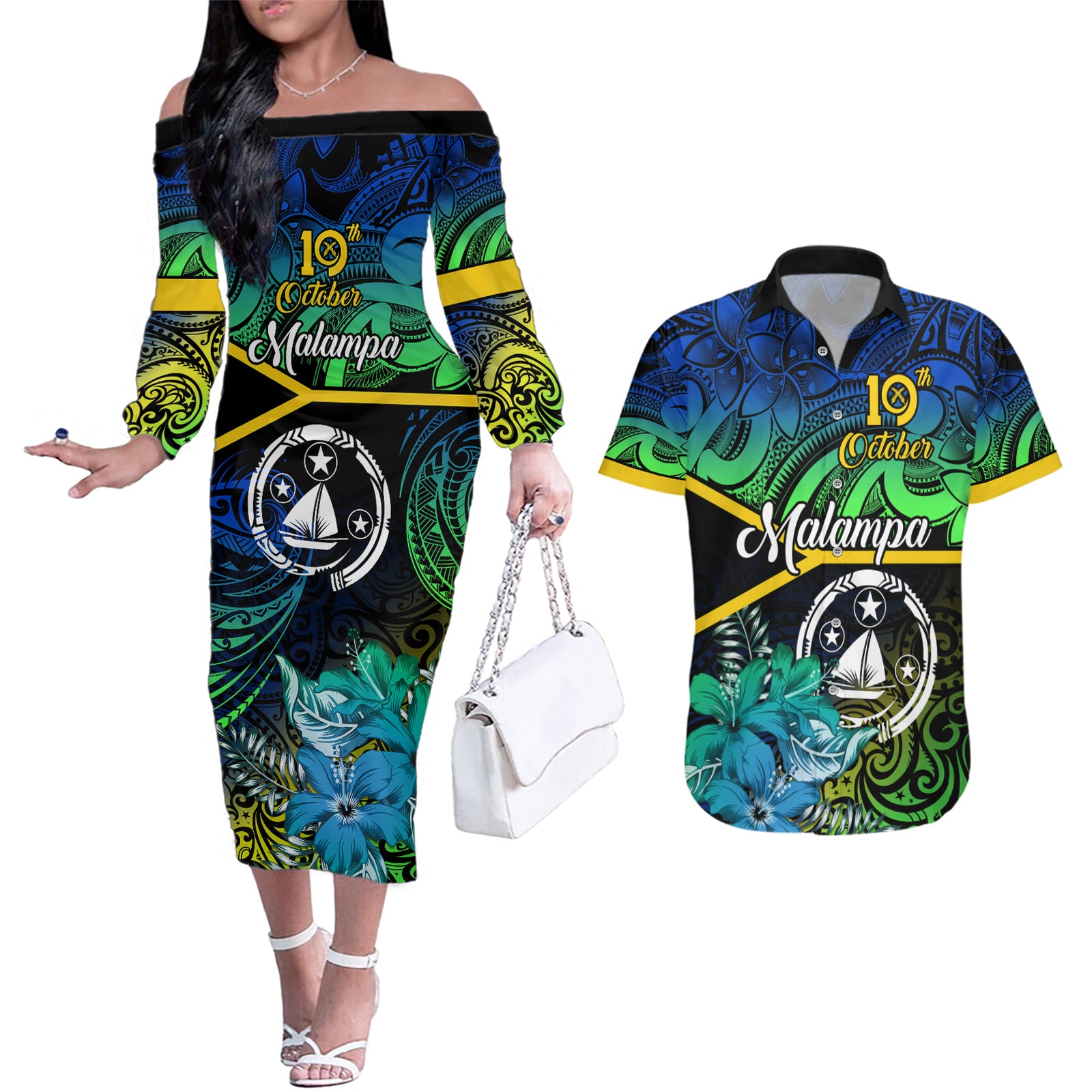 Malampa Day Couples Matching Off The Shoulder Long Sleeve Dress and Hawaiian Shirt Vanuatu Flowers with Malampa Emblem Tribal Pattern LT9 Black - Polynesian Pride