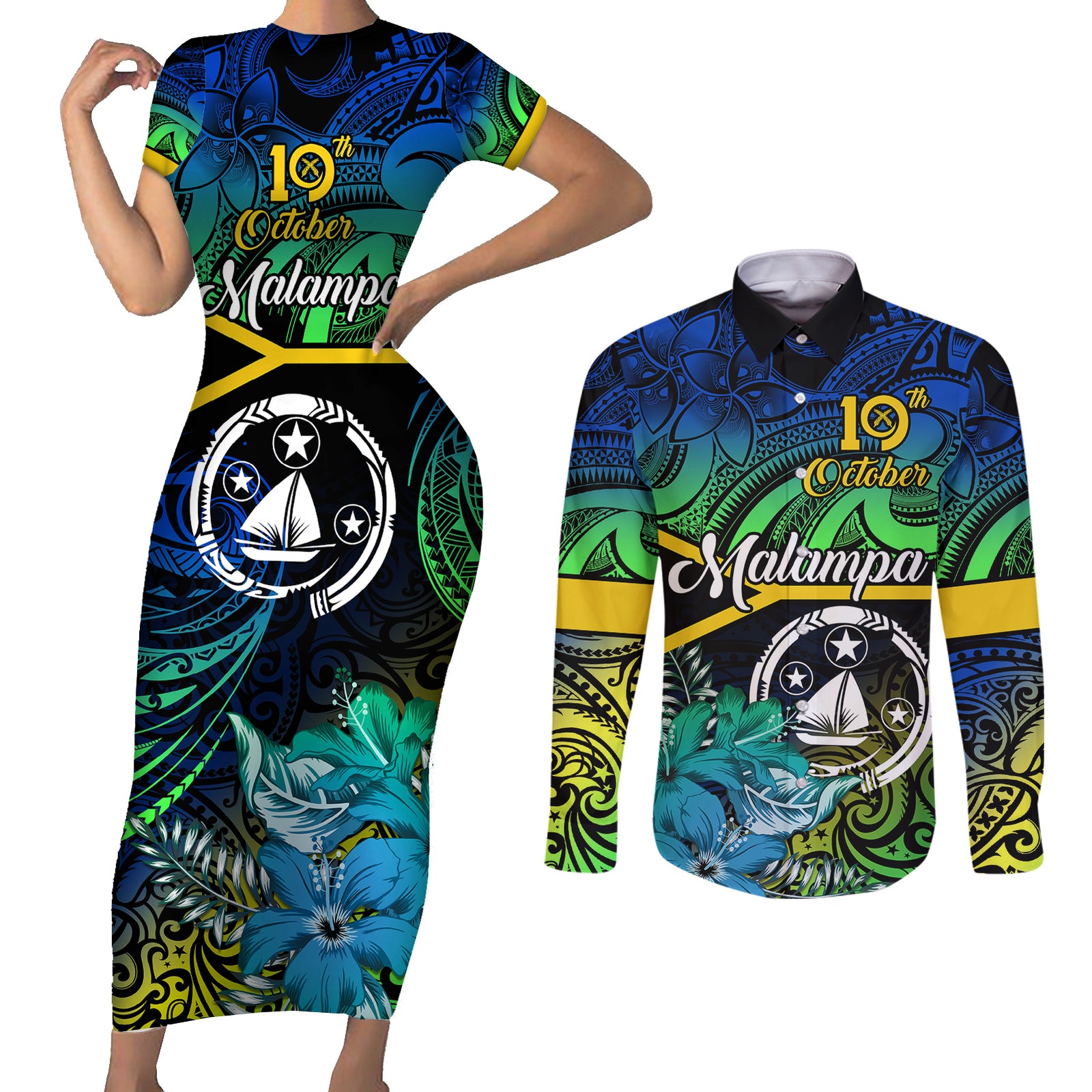 Malampa Day Couples Matching Short Sleeve Bodycon Dress and Long Sleeve Button Shirts Vanuatu Flowers with Malampa Emblem Tribal Pattern LT9 Black - Polynesian Pride
