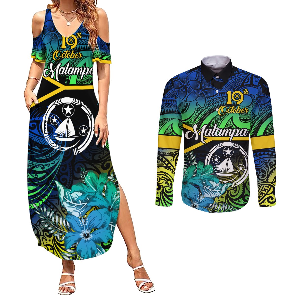 Malampa Day Couples Matching Summer Maxi Dress and Long Sleeve Button Shirts Vanuatu Flowers with Malampa Emblem Tribal Pattern LT9 Black - Polynesian Pride