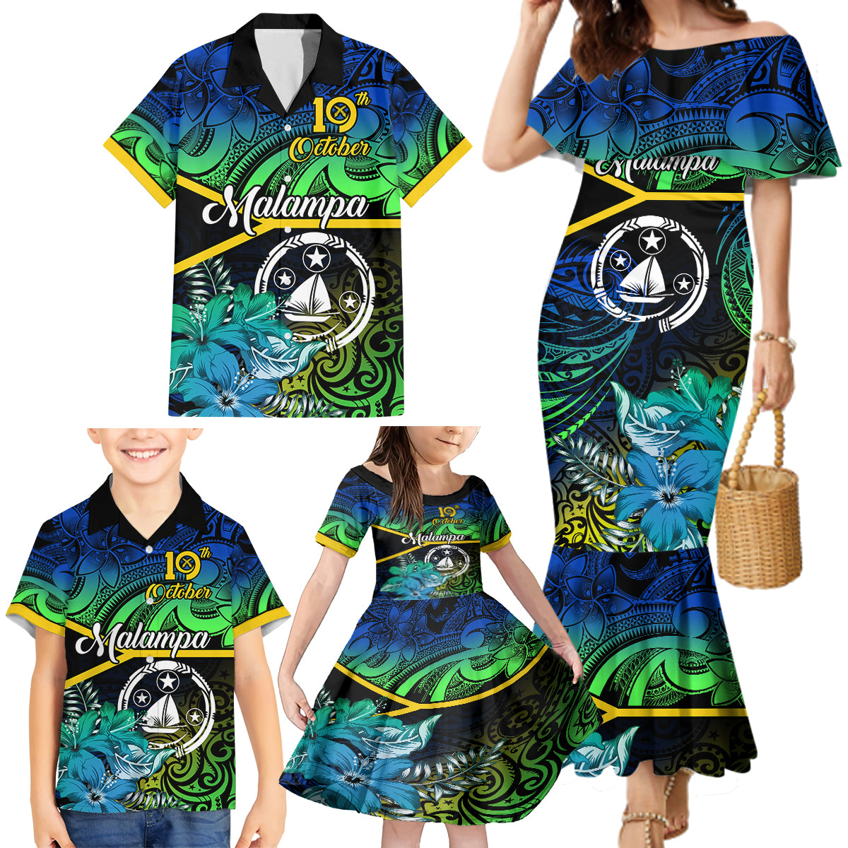 malampa-day-family-matching-mermaid-dress-and-hawaiian-shirt-vanuatu-flowers-with-malampa-emblem-tribal-pattern