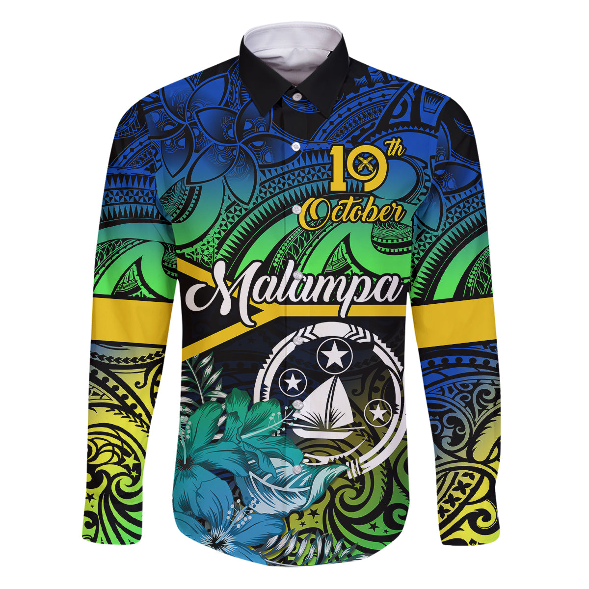 Malampa Day Family Matching Puletasi Dress and Hawaiian Shirt Vanuatu Flowers with Malampa Emblem Tribal Pattern LT9 Dad's Shirt - Long Sleeve Black - Polynesian Pride