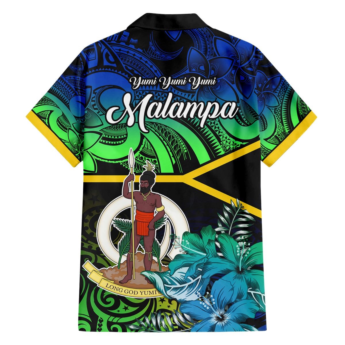 malampa-day-family-matching-short-sleeve-bodycon-dress-and-hawaiian-shirt-vanuatu-flowers-with-malampa-emblem-tribal-pattern